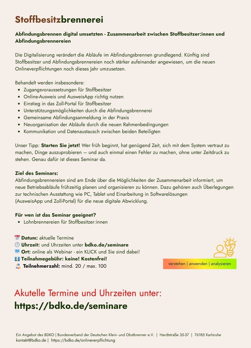 Stoffbesitzbrennerei | Online Seminar – kostenfrei